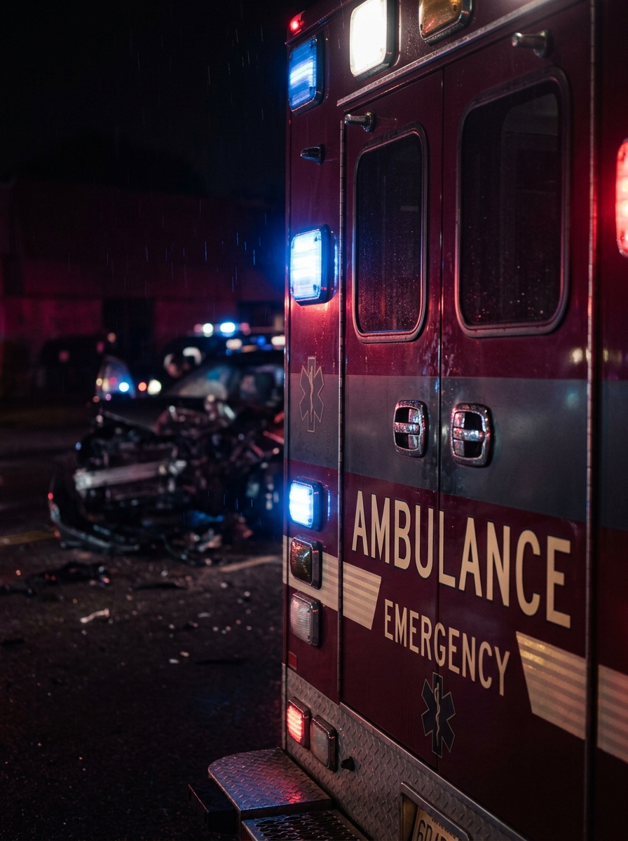 Ambulance at crash scene representing personal injury cases in Palm Beach County, Florida